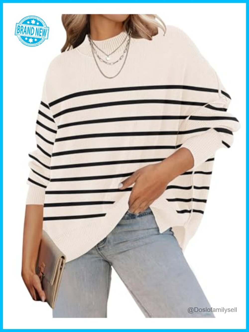 Oversized Striped Ribbed Knit Sweater Batwing Sleeve Tunic Pullover